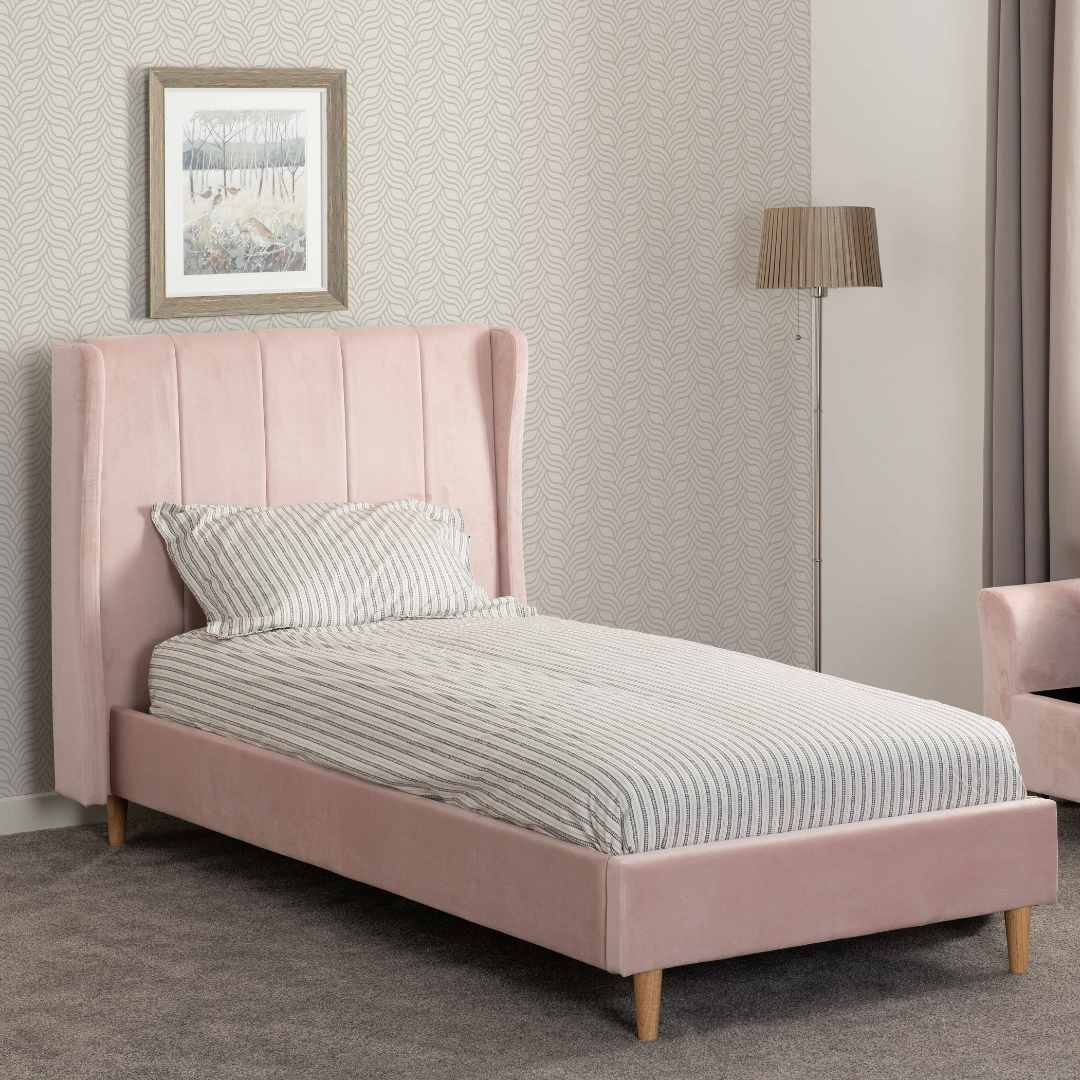 Amelia 3' Single Bed – Pink Velvet Fabric Bed Frame | Modern Upholstered Single Bed with Sprung Slats