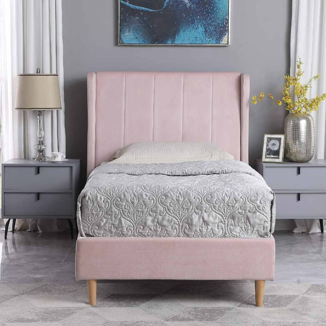 Amelia 3' Single Bed – Pink Velvet Fabric Bed Frame | Modern Upholstered Single Bed with Sprung Slats - Image 10
