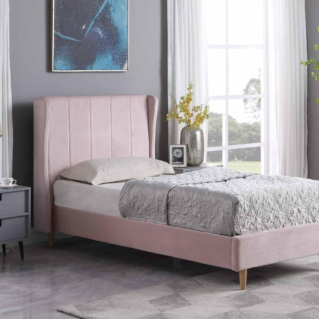 Amelia 3' Single Bed – Pink Velvet Fabric Bed Frame | Modern Upholstered Single Bed with Sprung Slats - Image 11