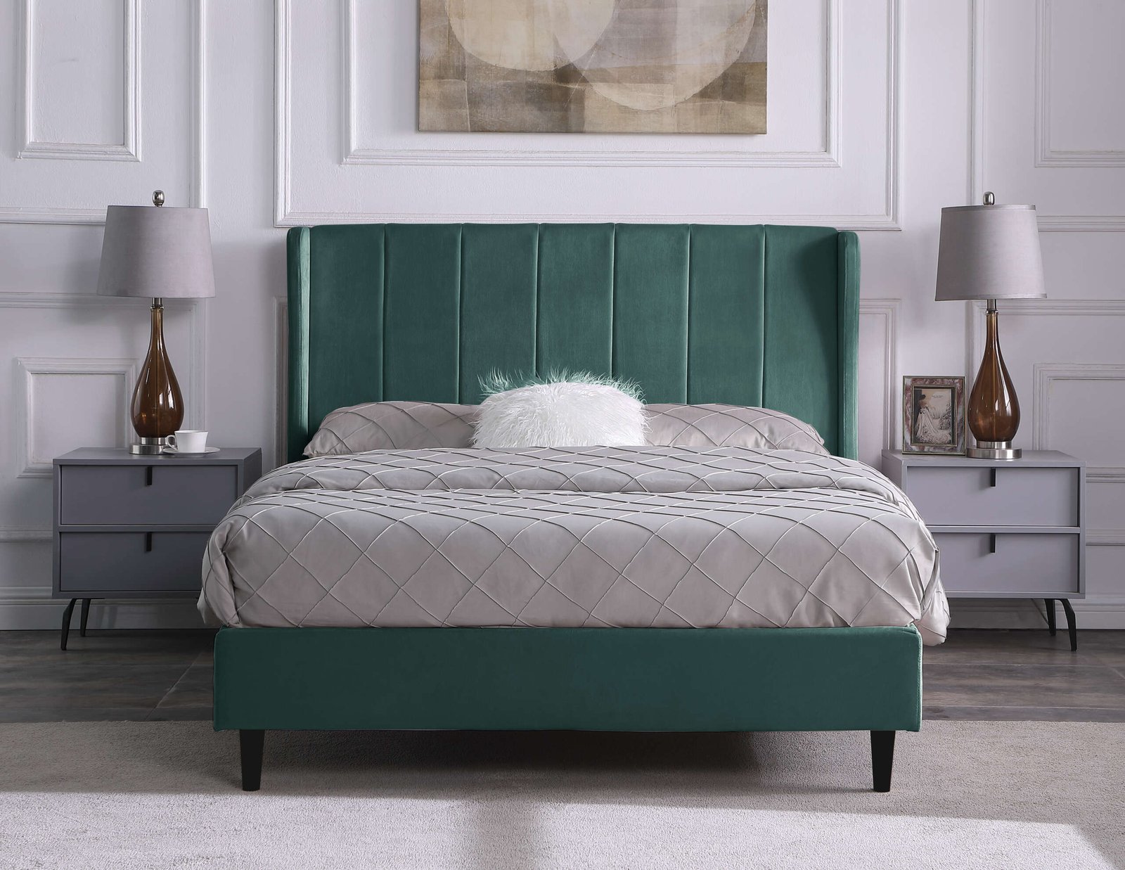 Amelia 4'6" Bed – Green Velvet Fabric Double Bed Frame | Upholstered Velvet Bed with Sprung Slats & Wooden Feet - Image 3