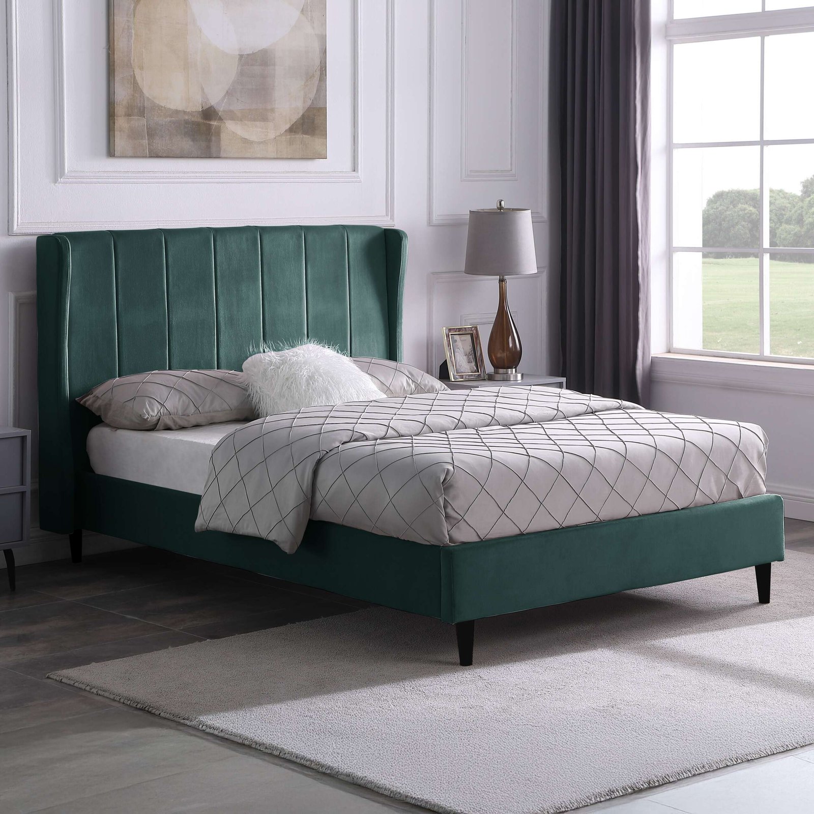 Amelia 4'6" Bed – Green Velvet Fabric Double Bed Frame | Upholstered Velvet Bed with Sprung Slats & Wooden Feet - Image 6