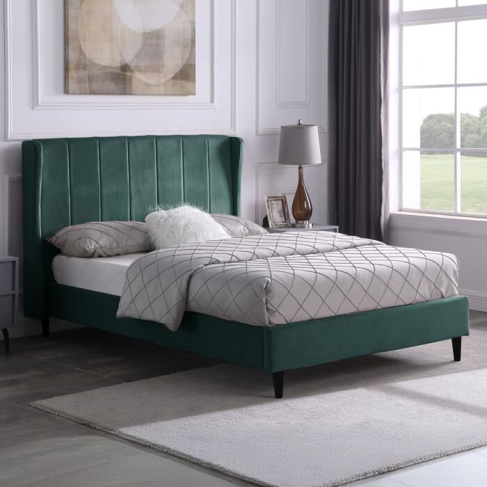 Amelia 4'6" Bed – Green Velvet Fabric Double Bed Frame | Upholstered Velvet Bed with Sprung Slats & Wooden Feet - Image 7