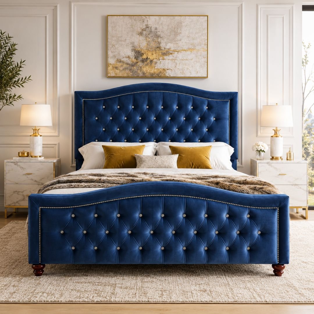 BELLA Luxury Chesterfield Upholstered Bed Frame – Deep Blue Velvet | Diamond Tufted Headboard - Image 2