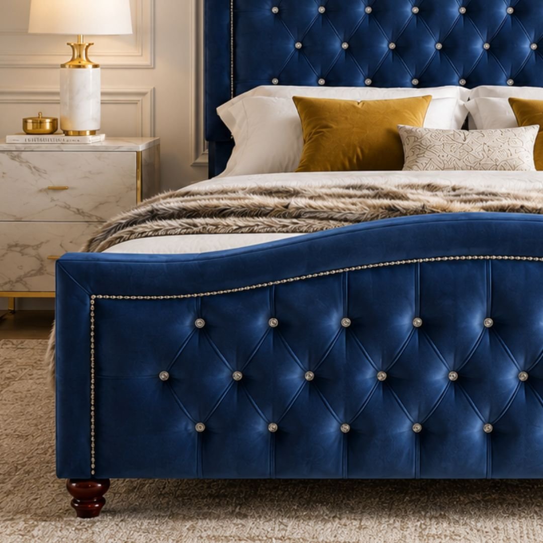 BELLA Luxury Chesterfield Upholstered Bed Frame – Deep Blue Velvet | Diamond Tufted Headboard - Image 3