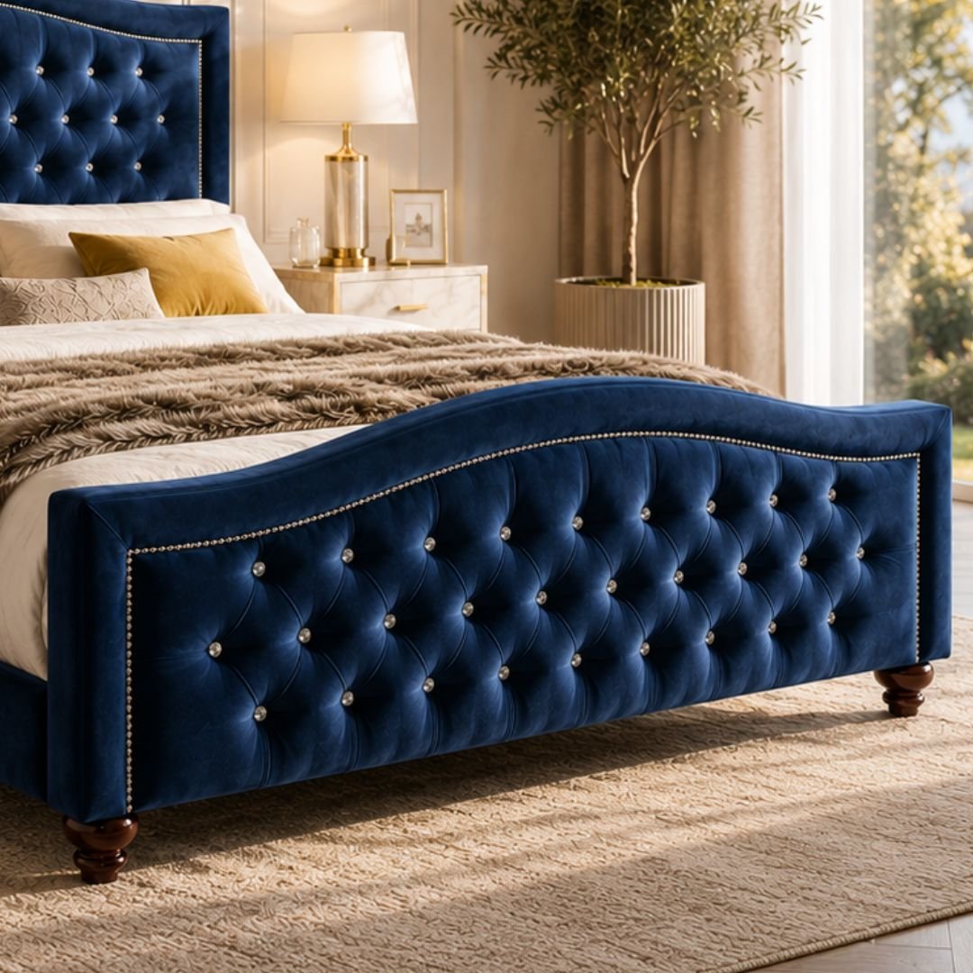 BELLA Luxury Chesterfield Upholstered Bed Frame – Deep Blue Velvet | Diamond Tufted Headboard - Image 5
