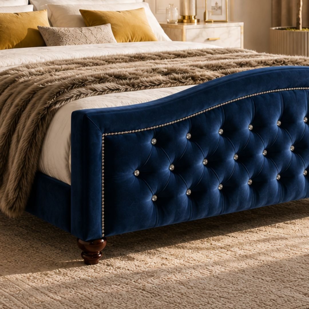 BELLA Luxury Chesterfield Upholstered Bed Frame – Deep Blue Velvet | Diamond Tufted Headboard - Image 6