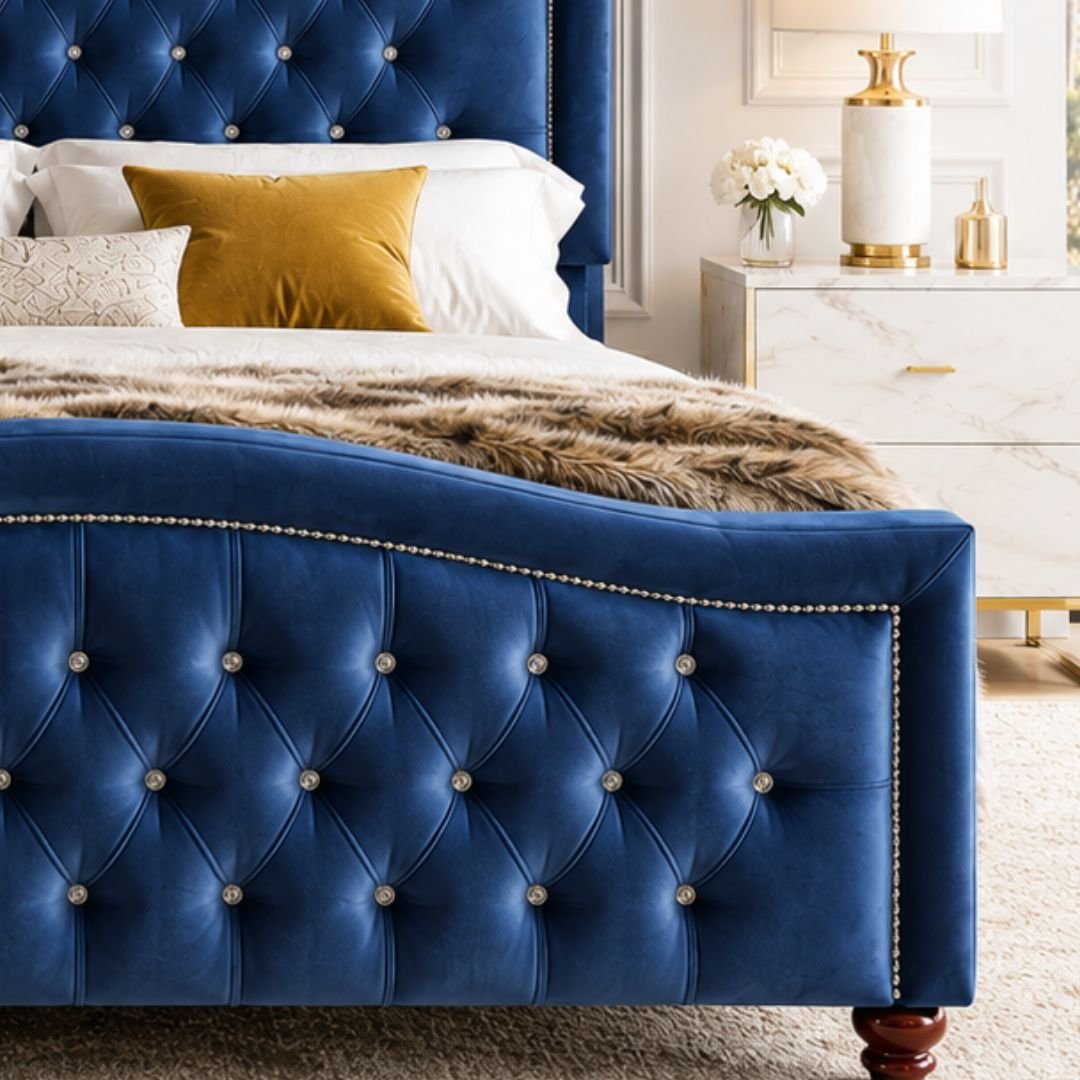 BELLA Luxury Chesterfield Upholstered Bed Frame – Deep Blue Velvet | Diamond Tufted Headboard - Image 7