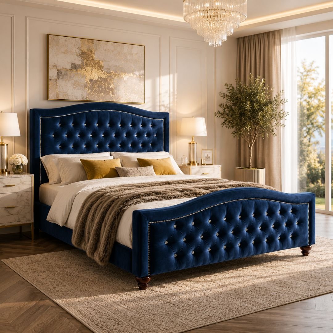 BELLA Luxury Chesterfield Upholstered Bed Frame – Deep Blue Velvet | Diamond Tufted Headboard