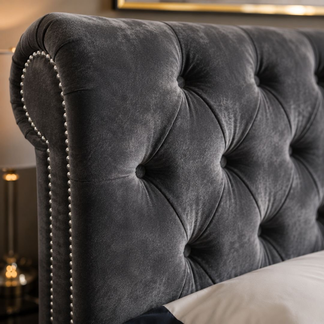 Buckingham Grey Velvet Ottoman Storage Bed | Luxury Chesterfield Bed Frame with Gas Lift Storage - Image 2