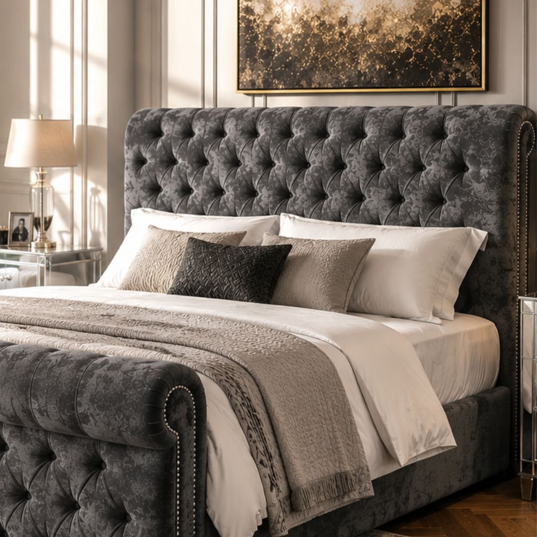 Buckingham Grey Velvet Ottoman Storage Bed | Luxury Chesterfield Bed Frame with Gas Lift Storage - Image 3