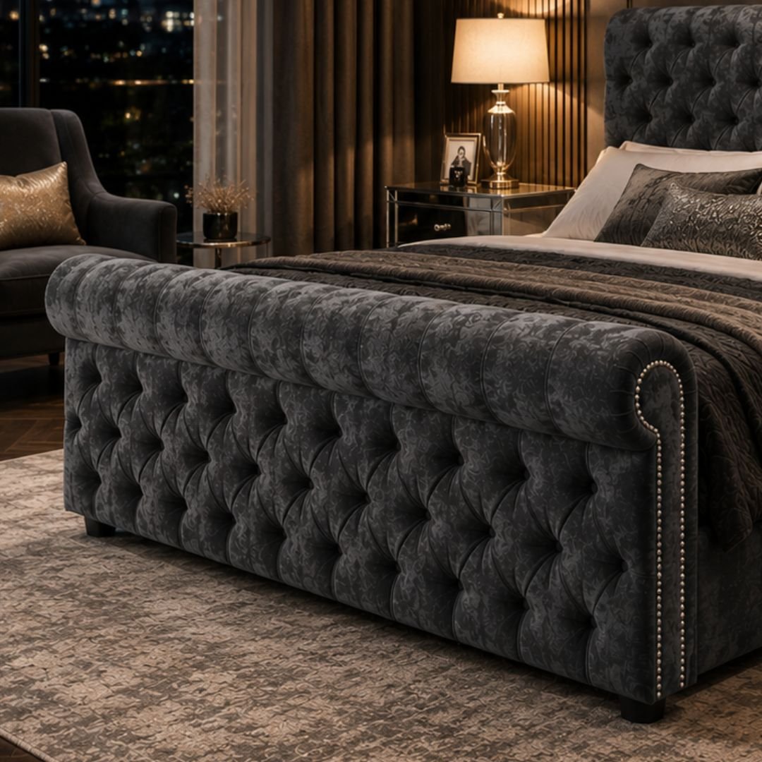 Buckingham Grey Velvet Ottoman Storage Bed | Luxury Chesterfield Bed Frame with Gas Lift Storage - Image 4