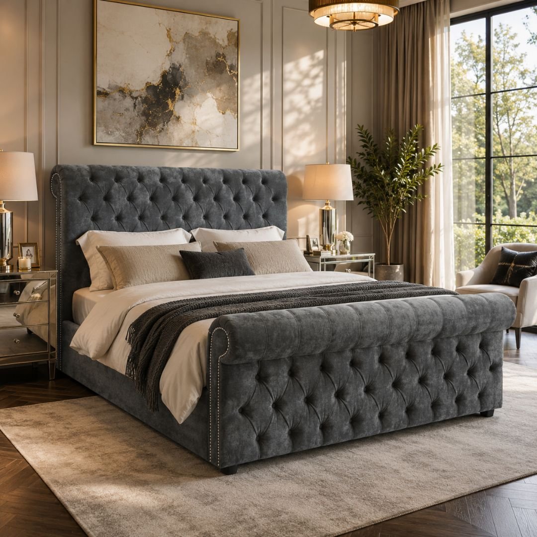 Buckingham Grey Velvet Ottoman Storage Bed | Luxury Chesterfield Bed Frame with Gas Lift Storage - Image 5