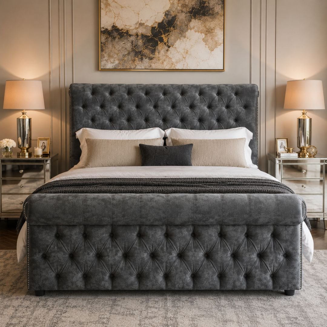 Buckingham Grey Velvet Ottoman Storage Bed | Luxury Chesterfield Bed Frame with Gas Lift Storage - Image 6