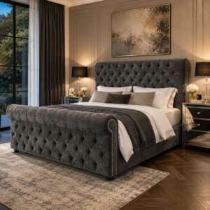Buckingham Grey Velvet Ottoman Storage Bed | Luxury Chesterfield Bed Frame with Gas Lift Storage