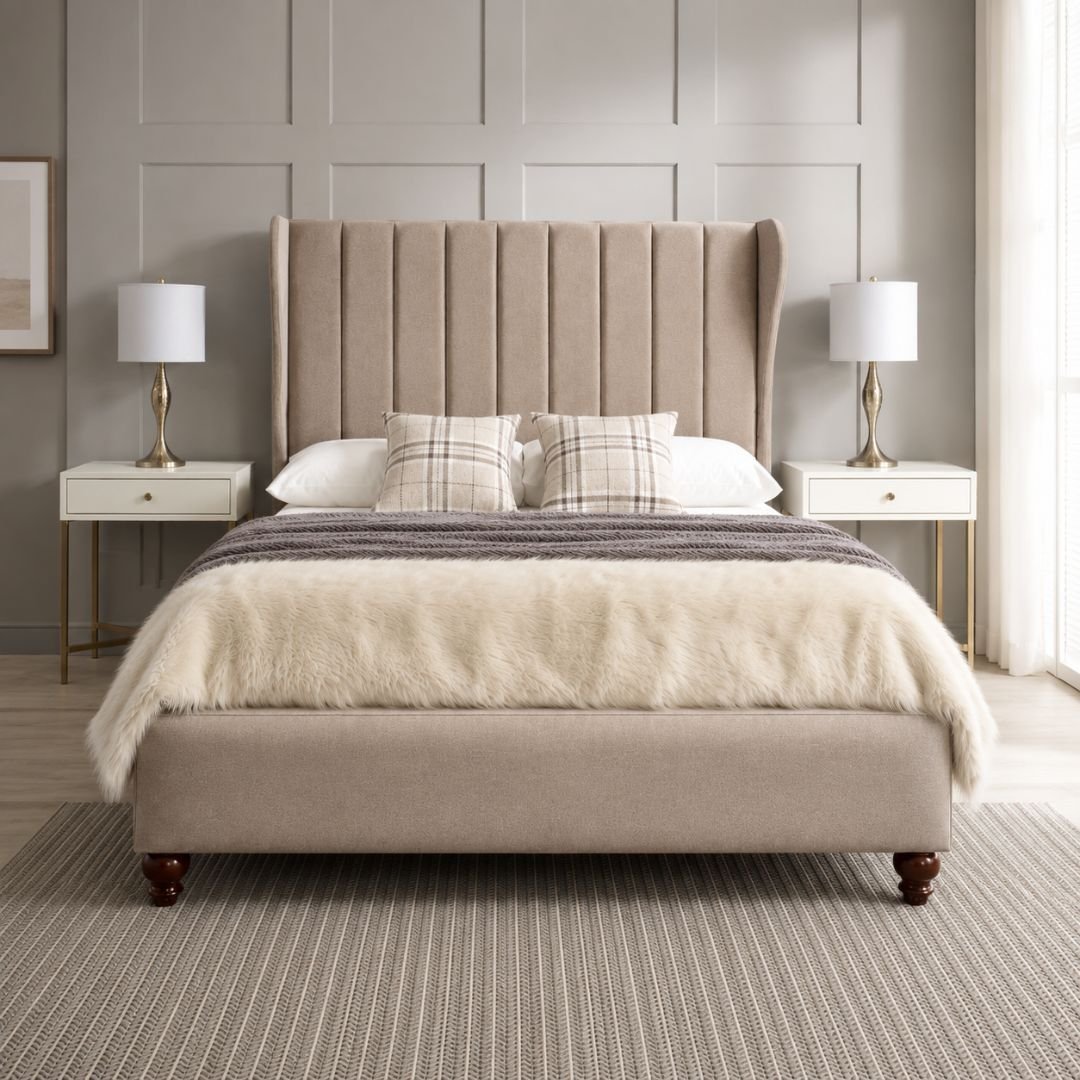 LEXI Luxury Wingback Upholstered Bed Frame with Vertical Channel Tufted Headboard - Premium Fabric Bed - Image 2
