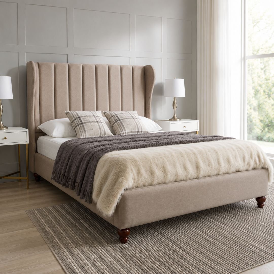 LEXI Luxury Wingback Upholstered Bed Frame with Vertical Channel Tufted Headboard - Premium Fabric Bed - Image 4