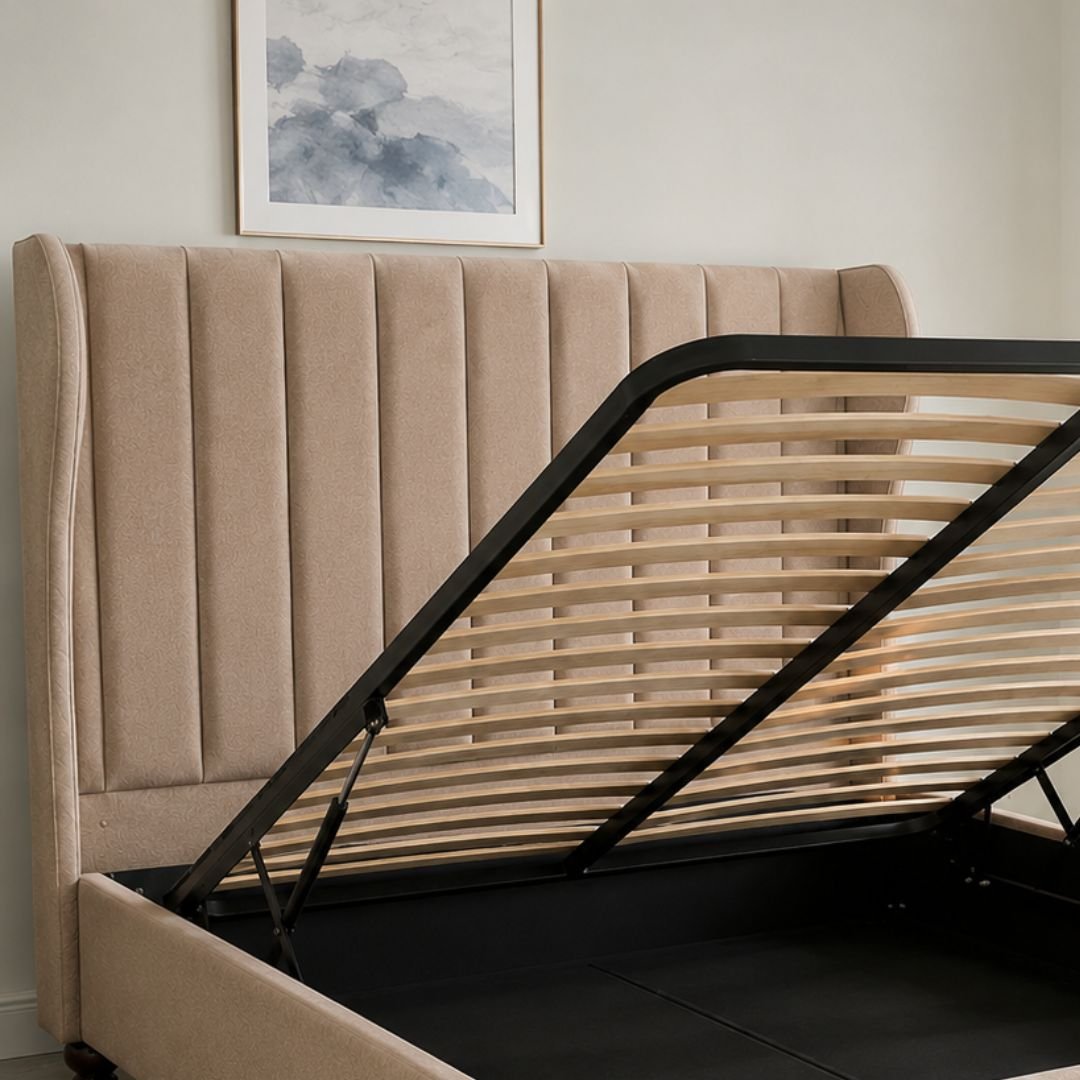 LEXI Luxury Wingback Upholstered Bed Frame with Vertical Channel Tufted Headboard - Premium Fabric Bed - Image 8