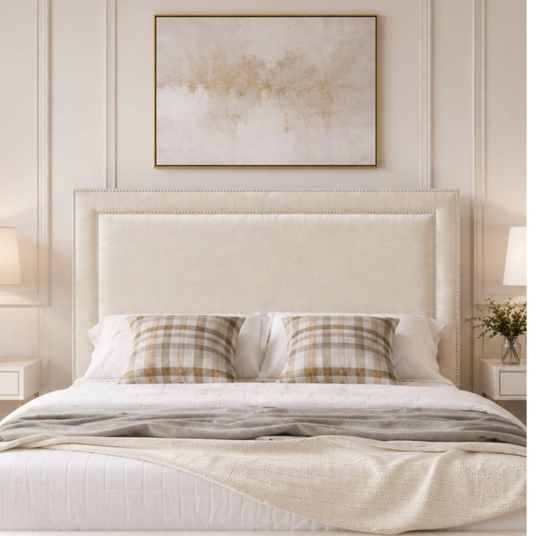 Lola Cream Upholstered Bed Frame | Luxury Fabric Bed with Modern Panel Headboard - Image 2