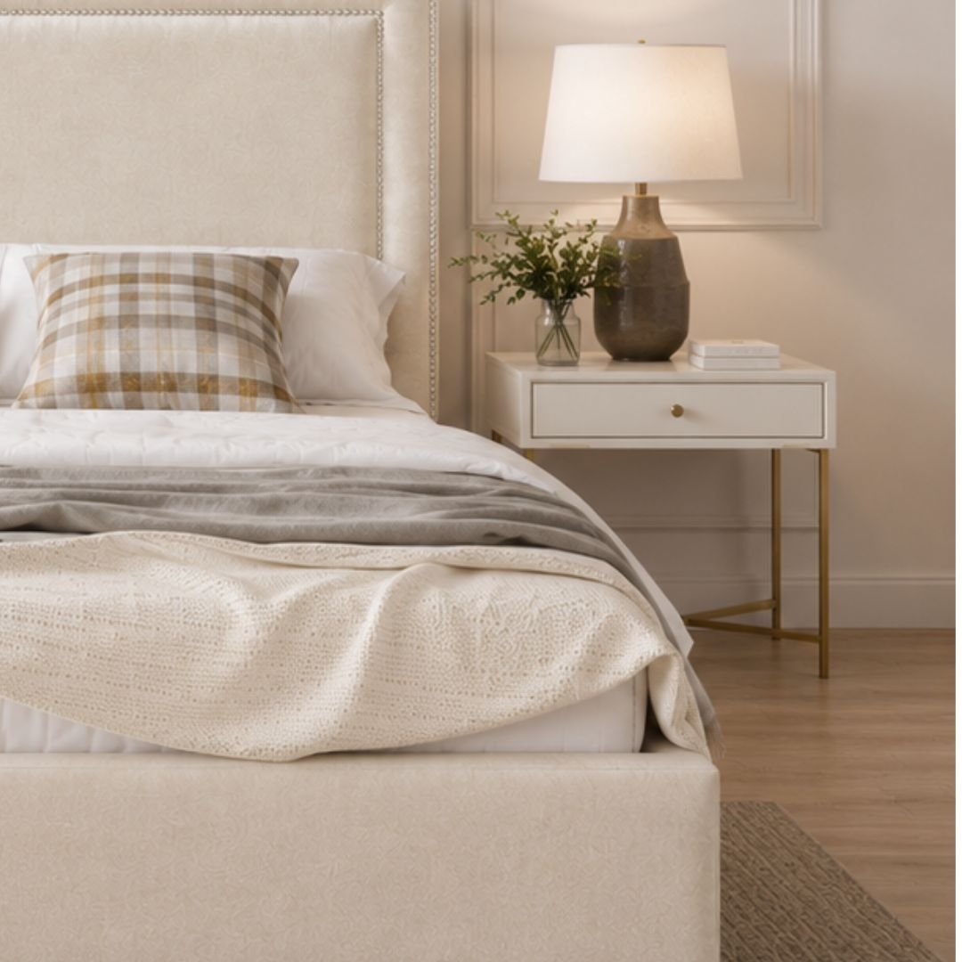 Lola Cream Upholstered Bed Frame | Luxury Fabric Bed with Modern Panel Headboard - Image 3