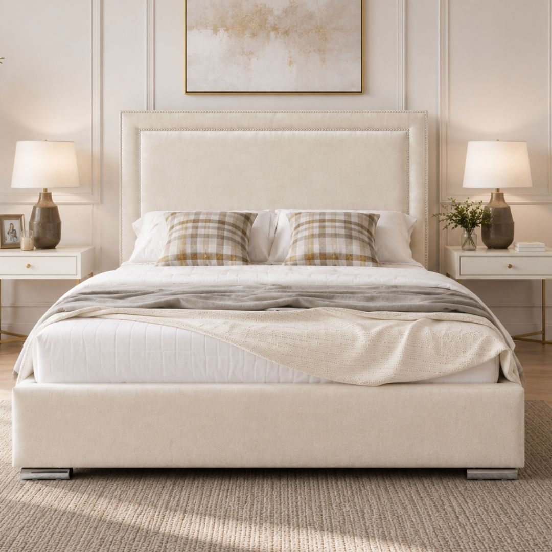 Lola Cream Upholstered Bed Frame | Luxury Fabric Bed with Modern Panel Headboard - Image 4