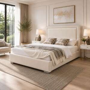 Lola Cream Upholstered Bed Frame | Luxury Fabric Bed with Modern Panel Headboard