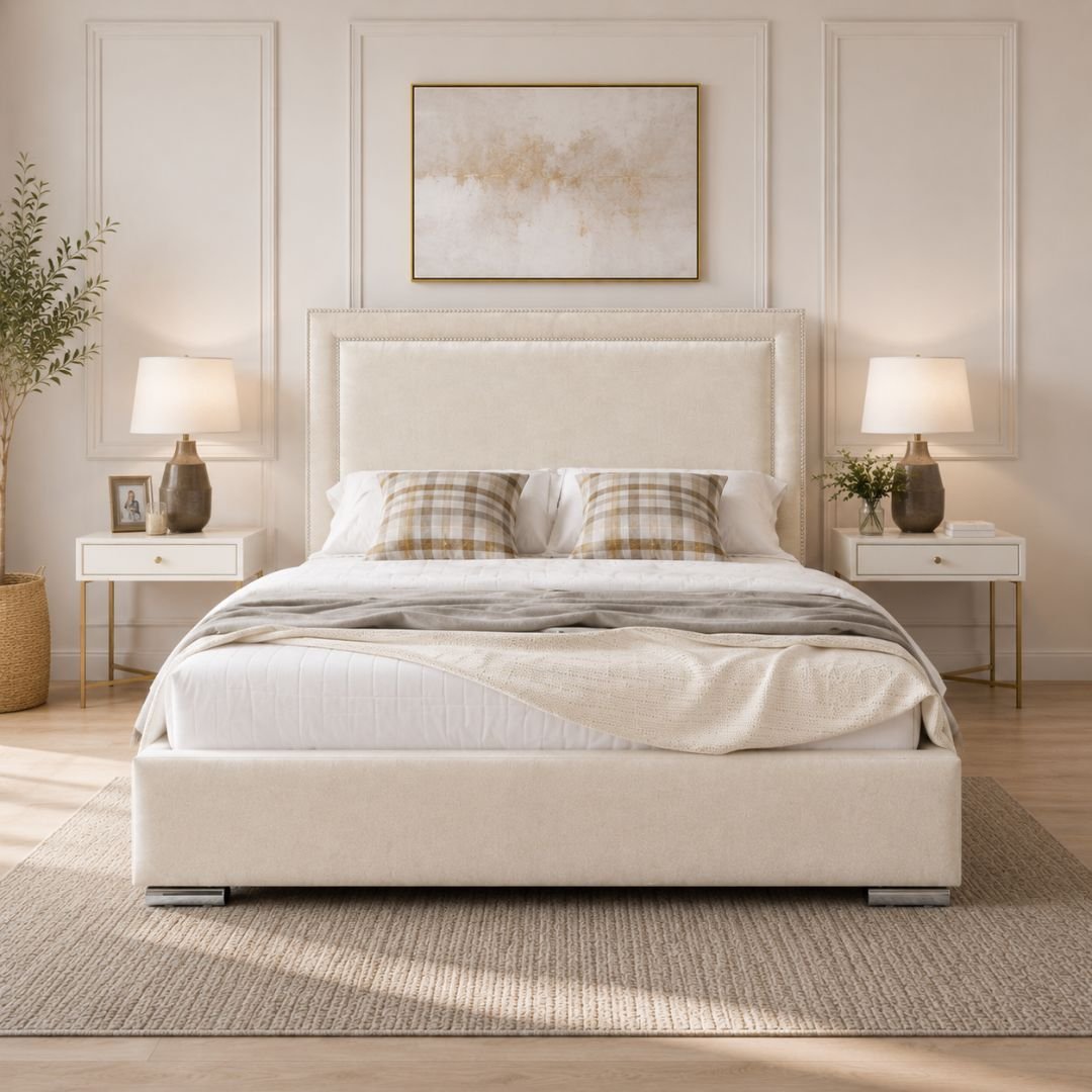 Lola Cream Upholstered Bed Frame | Luxury Fabric Bed with Modern Panel Headboard - Image 6