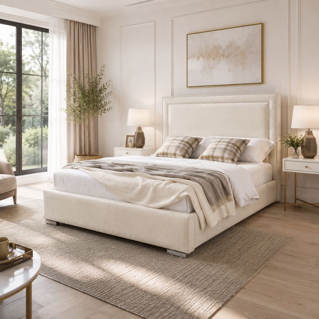 Lola Cream Upholstered Bed Frame | Luxury Fabric Bed with Modern Panel Headboard - Image 7