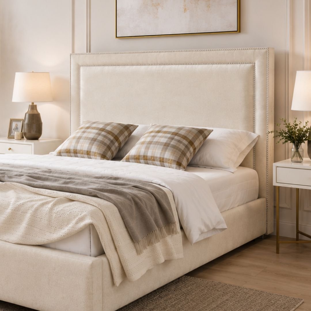 Lola Cream Upholstered Bed Frame | Luxury Fabric Bed with Modern Panel Headboard - Image 9