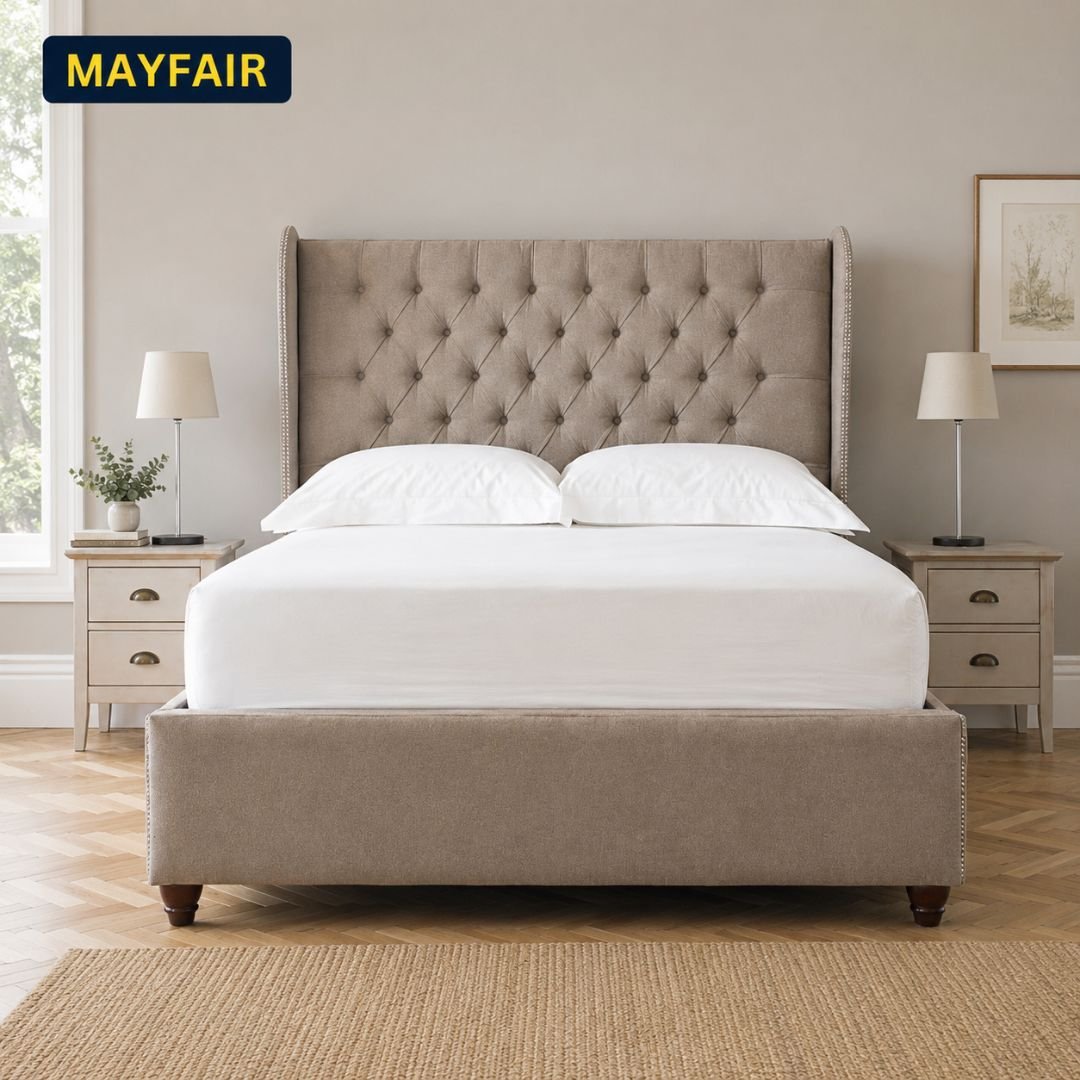 MAYFAIR Luxury Wingback Upholstered Bed Frame with Diamond Tufted Headboard