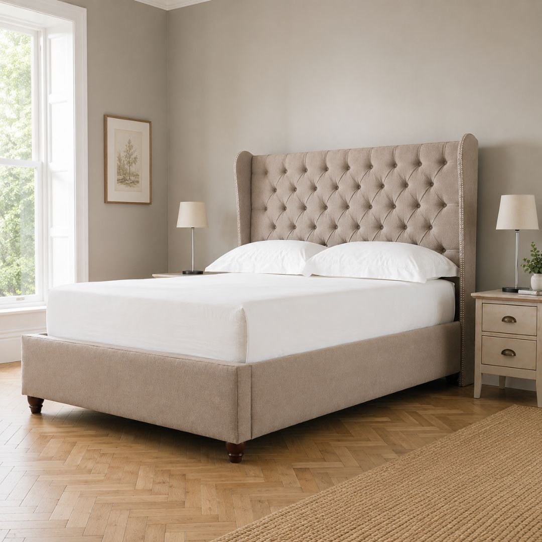 MAYFAIR Luxury Wingback Upholstered Bed Frame with Diamond Tufted Headboard - Image 2