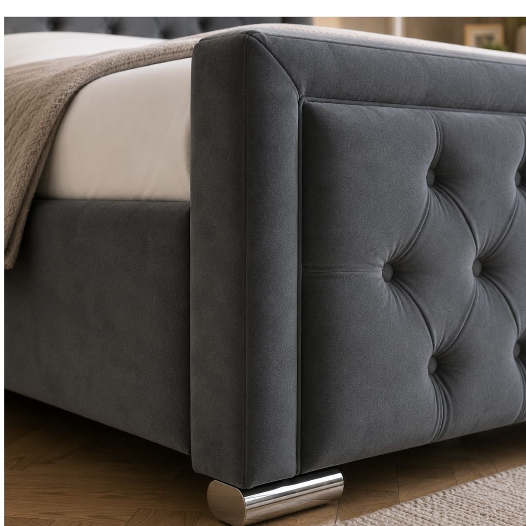 OLIVIA PLUS OTTOMAN Luxury Storage Bed Frame – Grey Velvet Chesterfield Wingback Bed with Ottoman Storage - Image 2