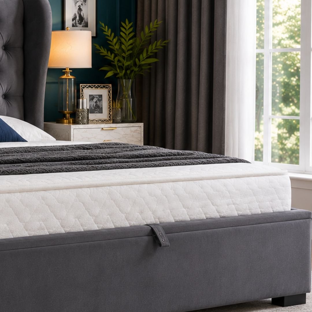 OLIVIA PLUS OTTOMAN Luxury Storage Bed Frame – Grey Velvet Chesterfield Wingback Bed with Ottoman Storage - Image 3