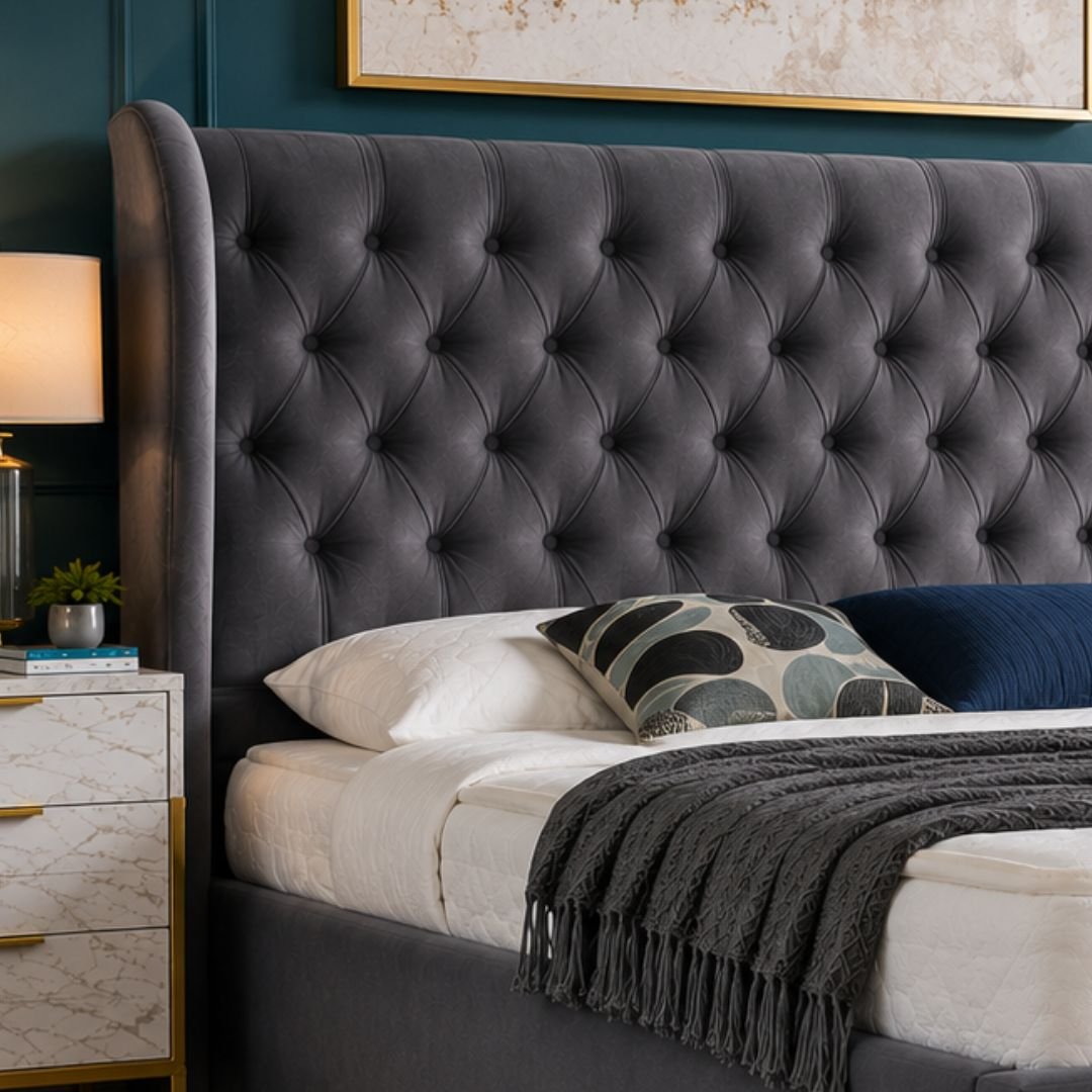 OLIVIA PLUS OTTOMAN Luxury Storage Bed Frame – Grey Velvet Chesterfield Wingback Bed with Ottoman Storage - Image 4