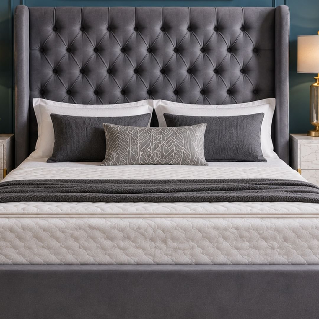 OLIVIA PLUS OTTOMAN Luxury Storage Bed Frame – Grey Velvet Chesterfield Wingback Bed with Ottoman Storage - Image 5