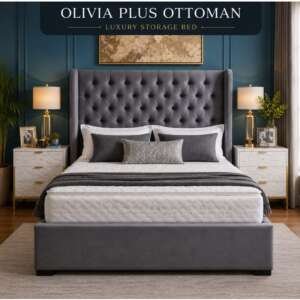 OLIVIA PLUS OTTOMAN Luxury Storage Bed Frame – Grey Velvet Chesterfield Wingback Bed with Ottoman Storage