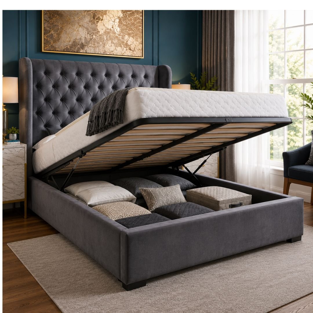 OLIVIA PLUS OTTOMAN Luxury Storage Bed Frame – Grey Velvet Chesterfield Wingback Bed with Ottoman Storage - Image 7