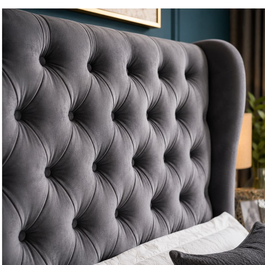 OLIVIA PLUS OTTOMAN Luxury Storage Bed Frame – Grey Velvet Chesterfield Wingback Bed with Ottoman Storage - Image 8