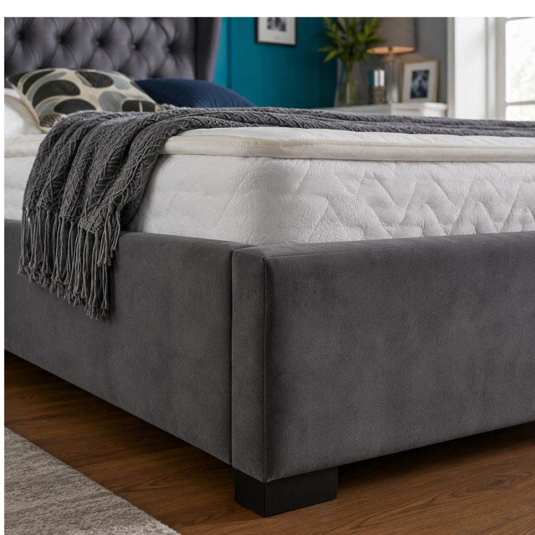 OLIVIA PLUS OTTOMAN Luxury Storage Bed Frame – Grey Velvet Chesterfield Wingback Bed with Ottoman Storage - Image 9