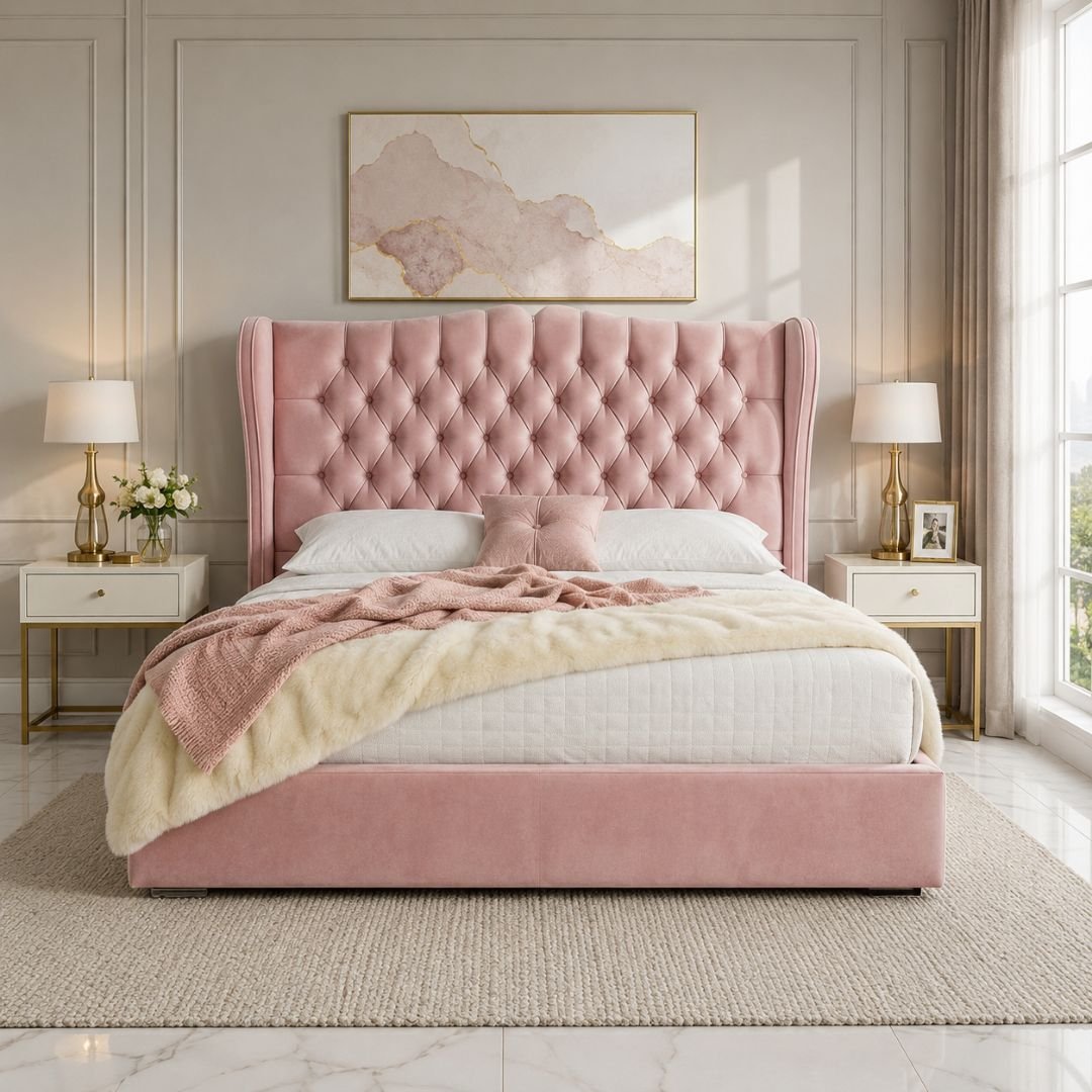 Rosie Pink Velvet Bed Frame | Luxury Wingback Upholstered Bed with Diamond Tufted Headboard - Image 2