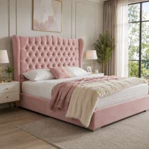 Rosie Pink Velvet Bed Frame | Luxury Wingback Upholstered Bed with Diamond Tufted Headboard