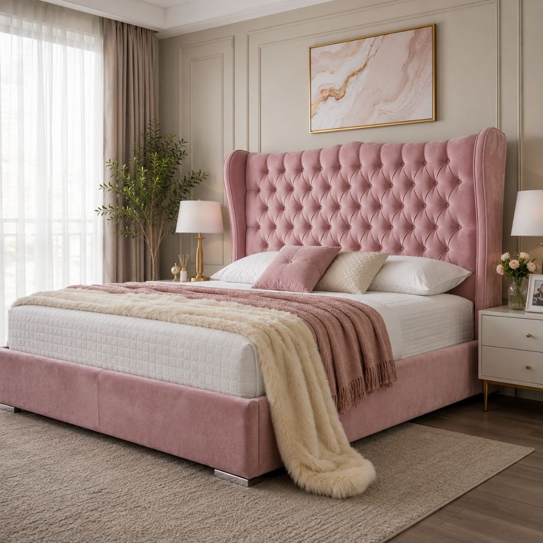 Rosie Pink Velvet Bed Frame | Luxury Wingback Upholstered Bed with Diamond Tufted Headboard - Image 4
