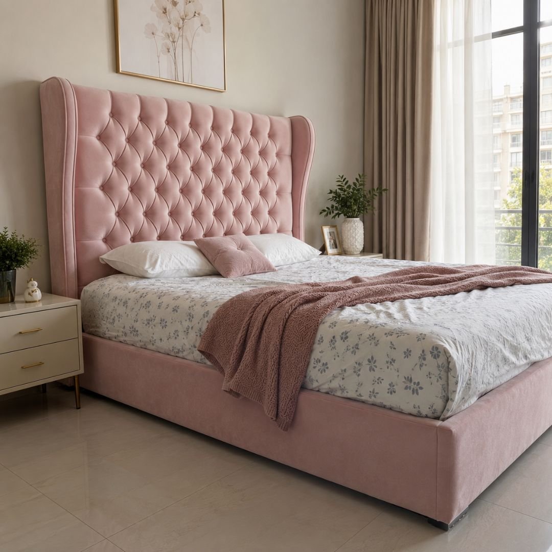 Rosie Pink Velvet Bed Frame | Luxury Wingback Upholstered Bed with Diamond Tufted Headboard - Image 5