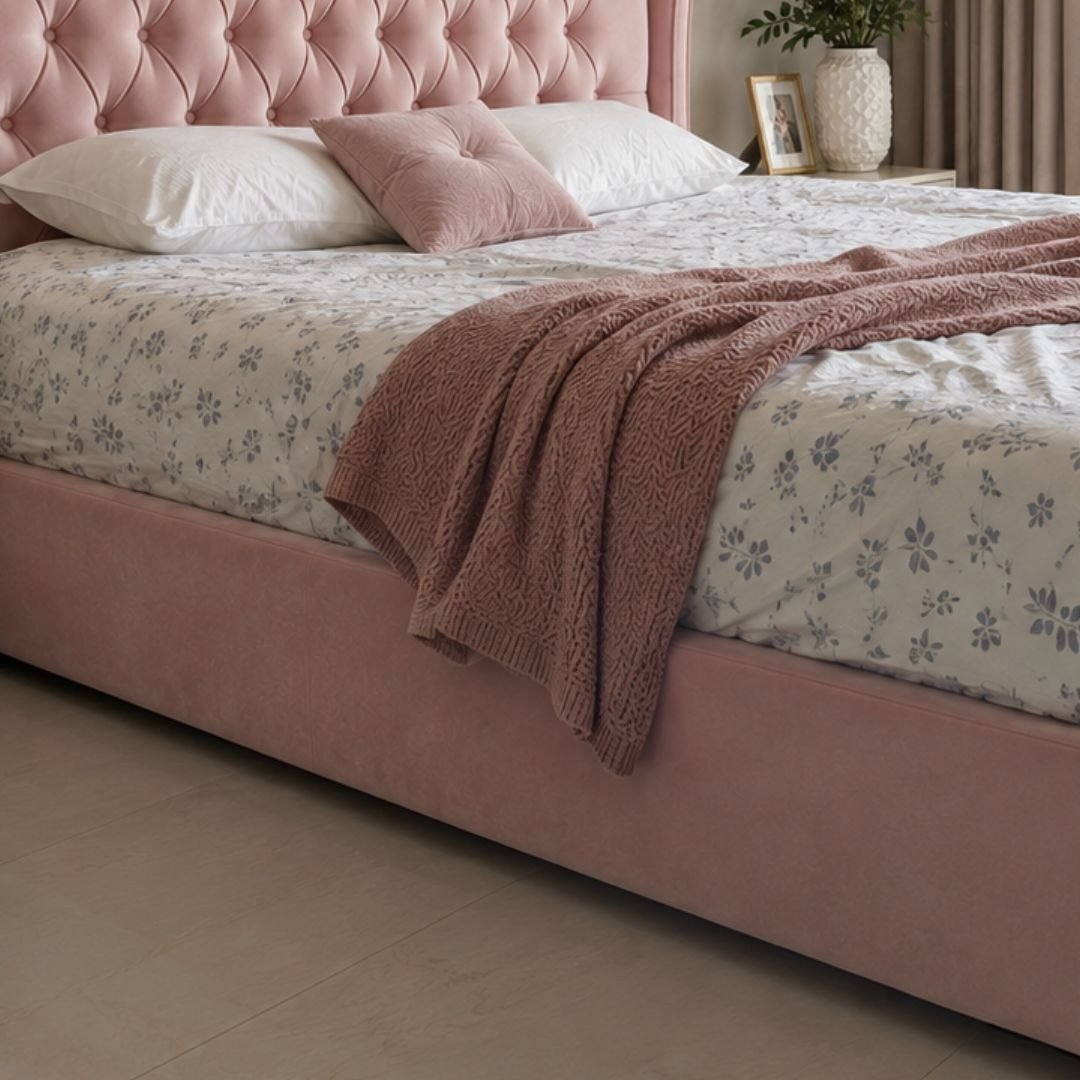 Rosie Pink Velvet Bed Frame | Luxury Wingback Upholstered Bed with Diamond Tufted Headboard - Image 6