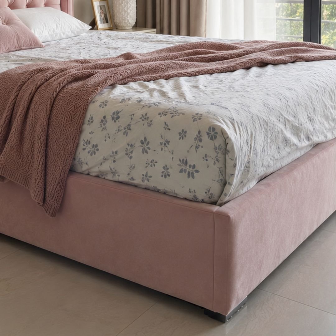 Rosie Pink Velvet Bed Frame | Luxury Wingback Upholstered Bed with Diamond Tufted Headboard - Image 7