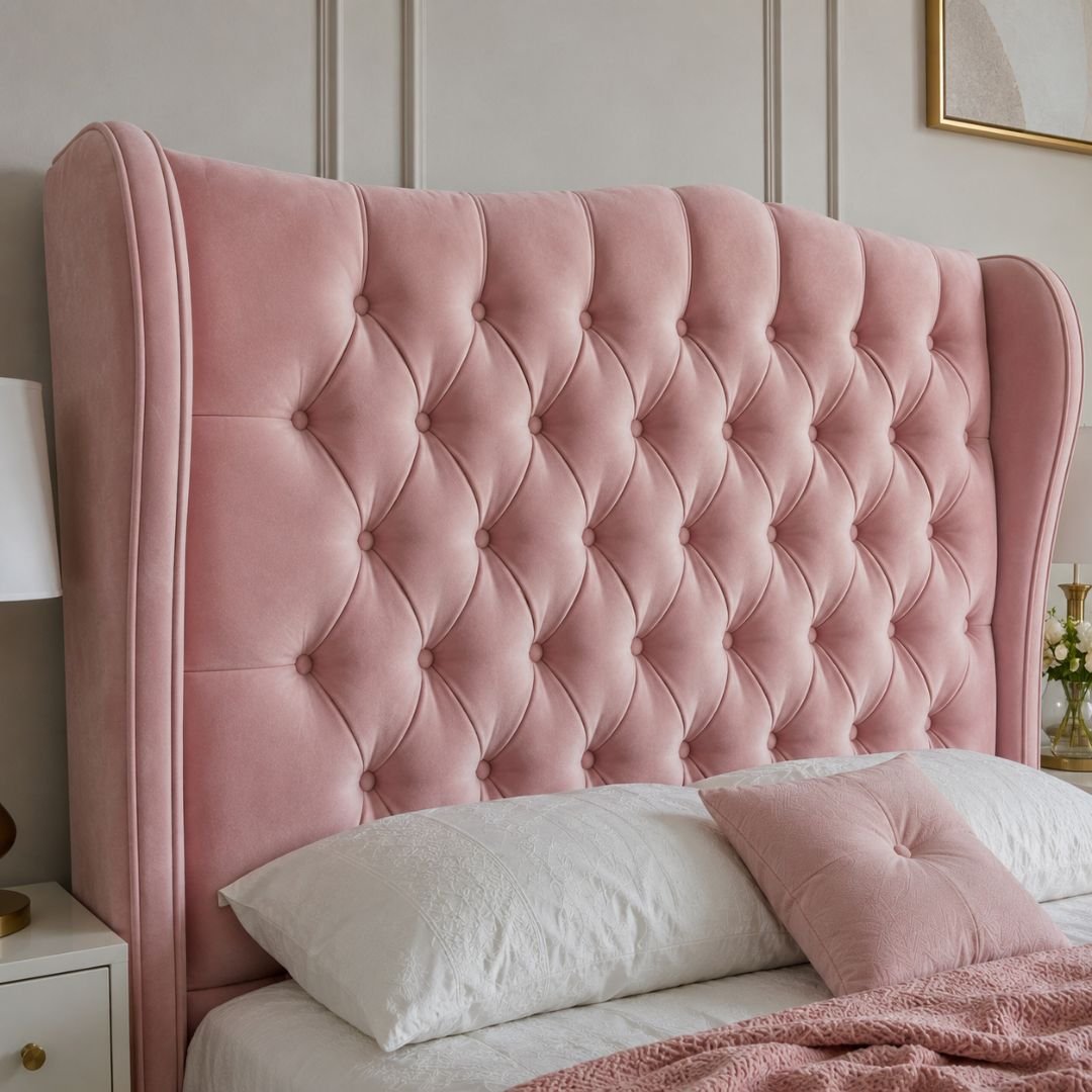Rosie Pink Velvet Bed Frame | Luxury Wingback Upholstered Bed with Diamond Tufted Headboard - Image 8