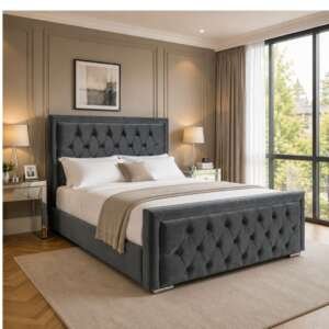 Sandrigham Luxury Grey Velvet Upholstered Bed Frame with Diamond Tufted Headboard