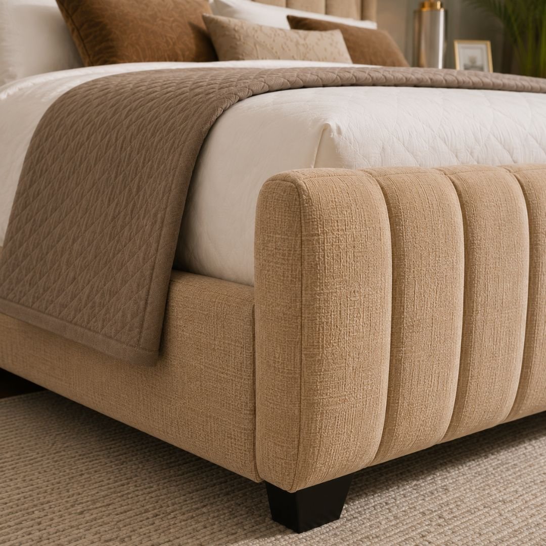 WINCHESTER Luxury Wingback Upholstered Bed Frame – Premium Beige Fabric | Modern Vertical Panel Design - Image 3
