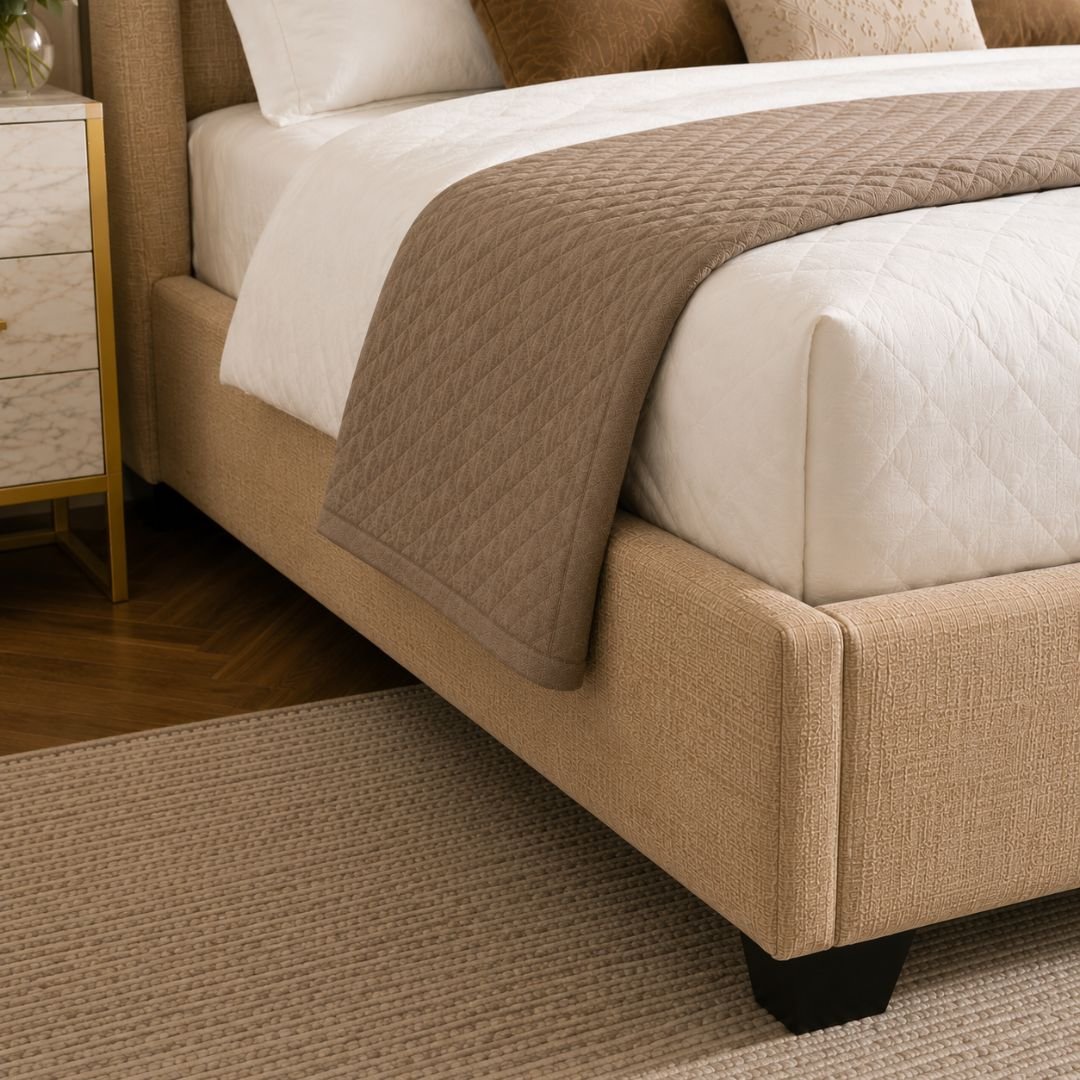 WINCHESTER Luxury Wingback Upholstered Bed Frame – Premium Beige Fabric | Modern Vertical Panel Design - Image 4