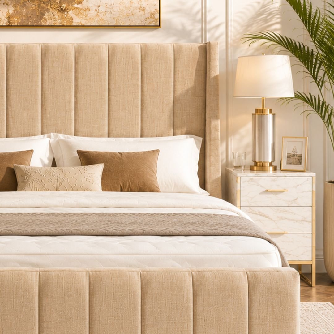 WINCHESTER Luxury Wingback Upholstered Bed Frame – Premium Beige Fabric | Modern Vertical Panel Design - Image 5