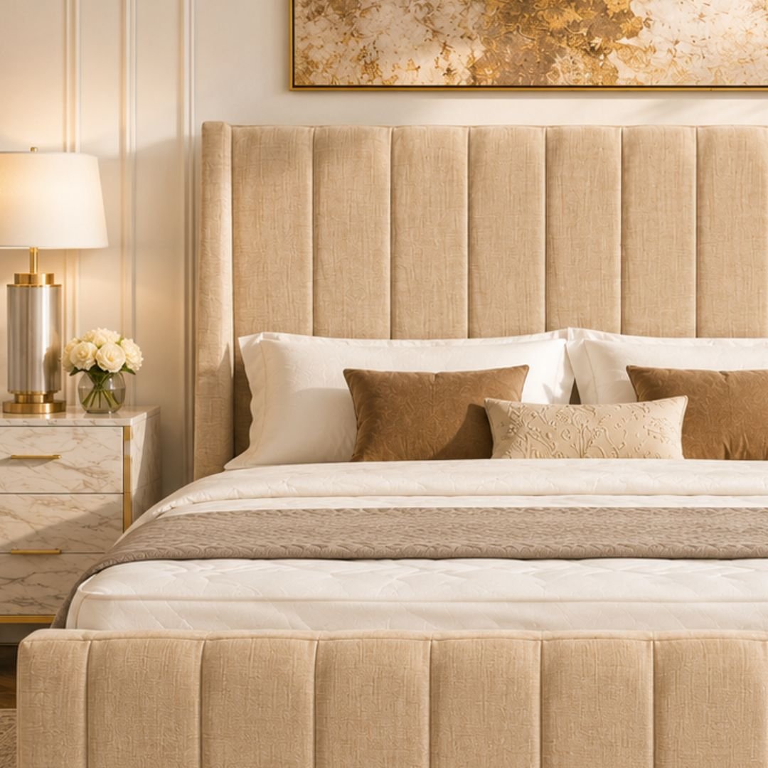 WINCHESTER Luxury Wingback Upholstered Bed Frame – Premium Beige Fabric | Modern Vertical Panel Design - Image 6